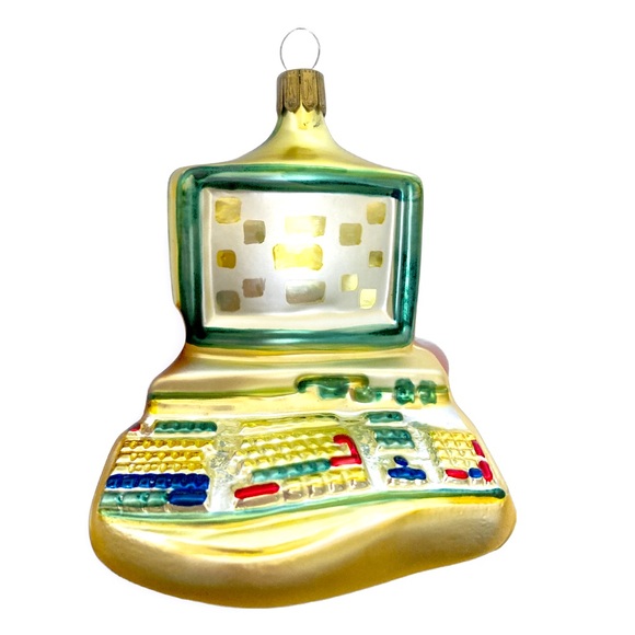 Desktop Computer Glass Christmas Ornament Gold Green Red - Picture 1 of 8